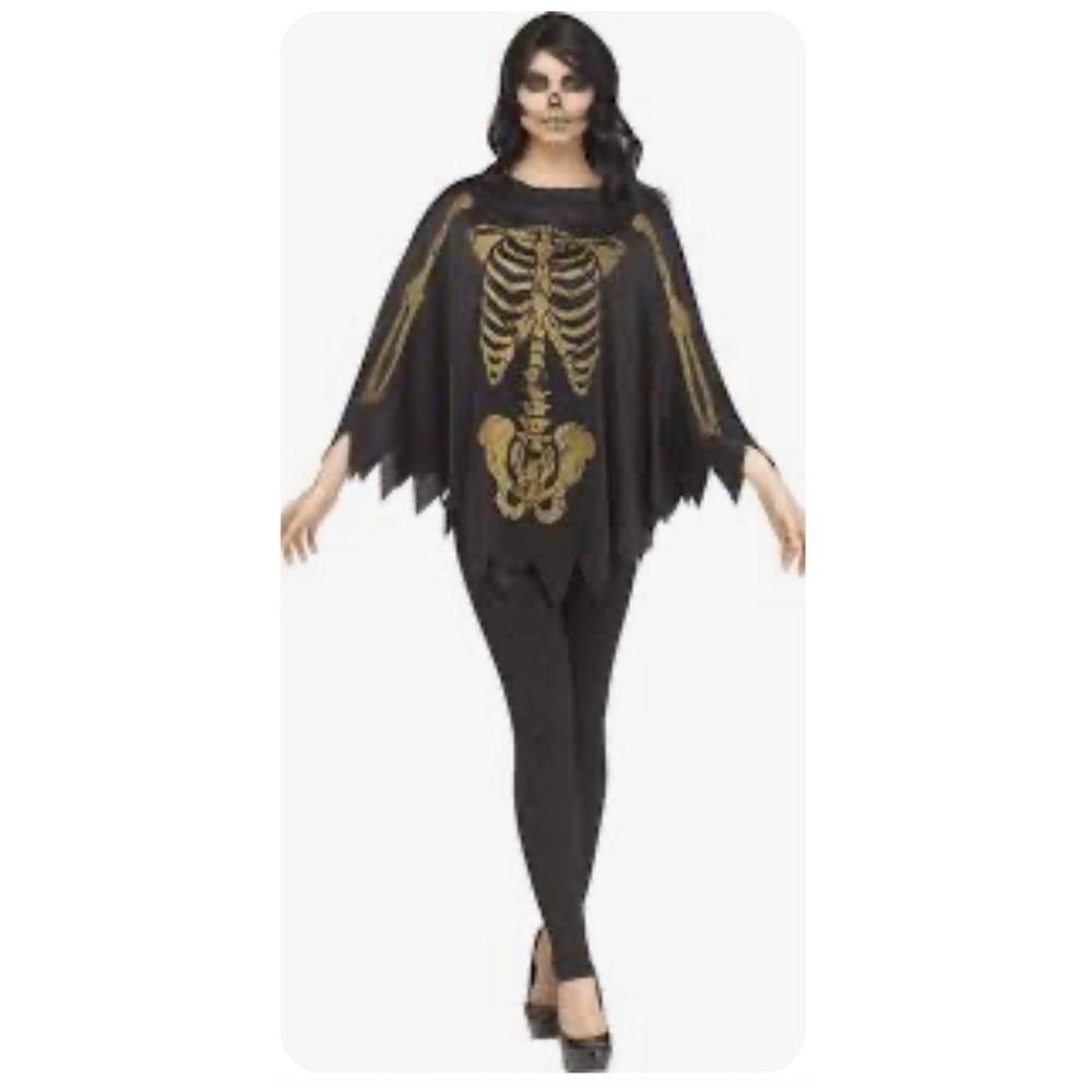 Skeleton Poncho Halloween Costume Gold Glitter Adult Womens One Size Fits 4-14